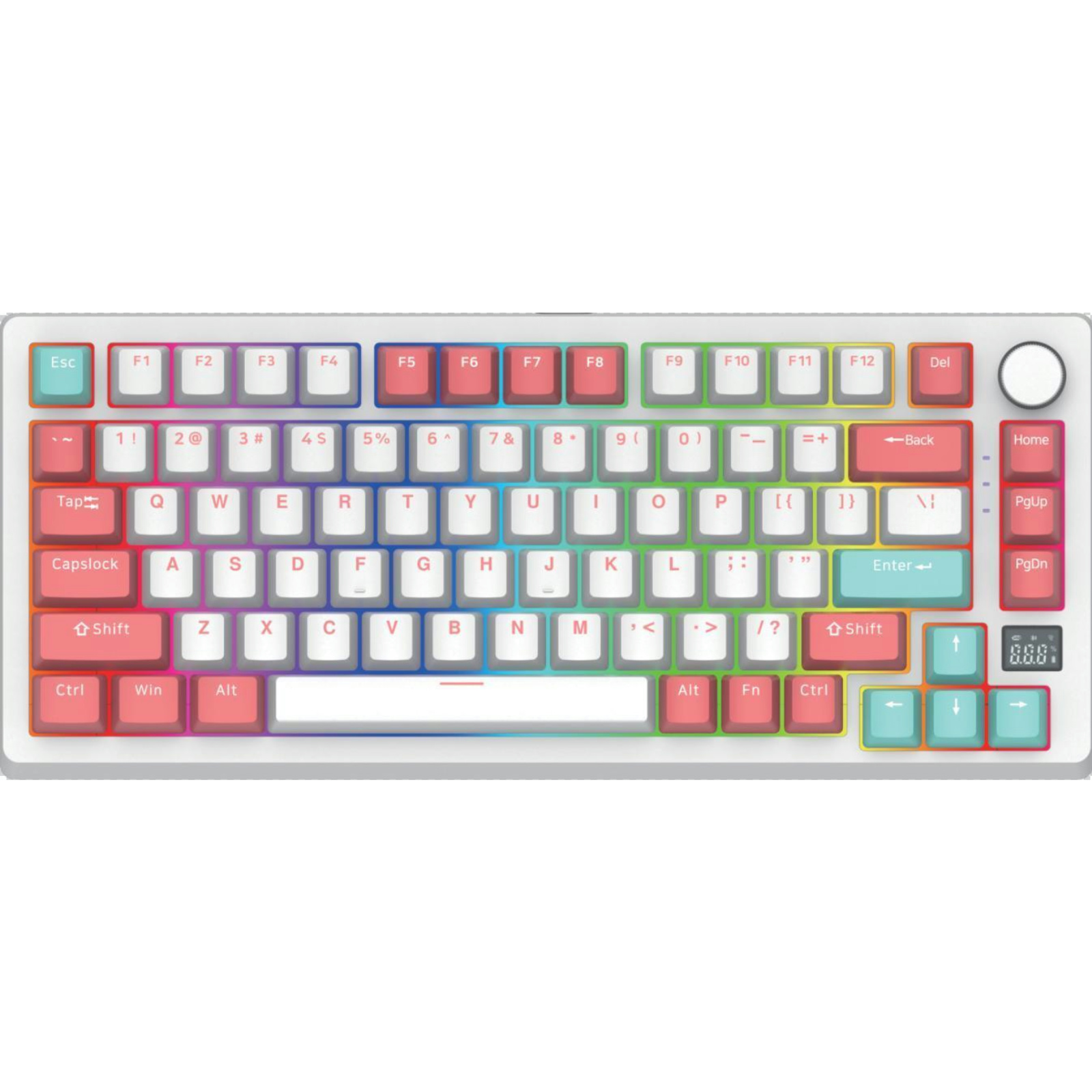 DK82 81-Key RGB Mechanical Keyboard with Large Color Screen, Gateron + Gote Switch, Beiying 916 Chip, ABS Two-Color Injection Keycaps, White Iron Panel, Gasket Structure, Volume Knob, Hot-Swap, Wired/Bluetooth/2.4G, 1800mAh Battery, Compatible with Window