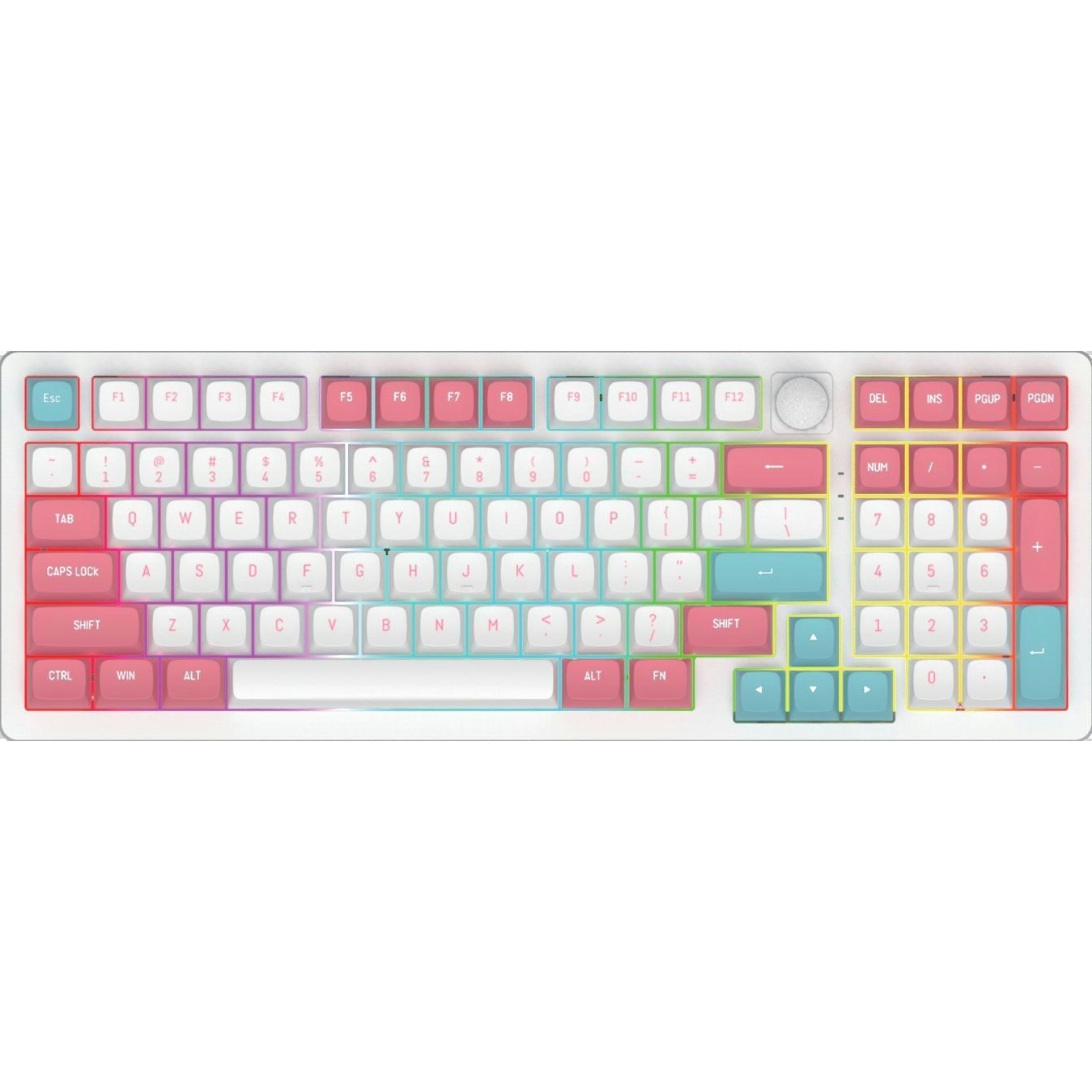 DK998 97-Key RGB Mechanical Keyboard, Hot-Swappable Gateron Switches, Beiying 916 Chip, 5000mAh Battery, Volume Knob, ABS Double-Shot Keycaps, Gasket Structure, Transparent White Panel, RGB Backlighting, Bluetooth & 2.4G Wireless, Silicone Dampening Pads,