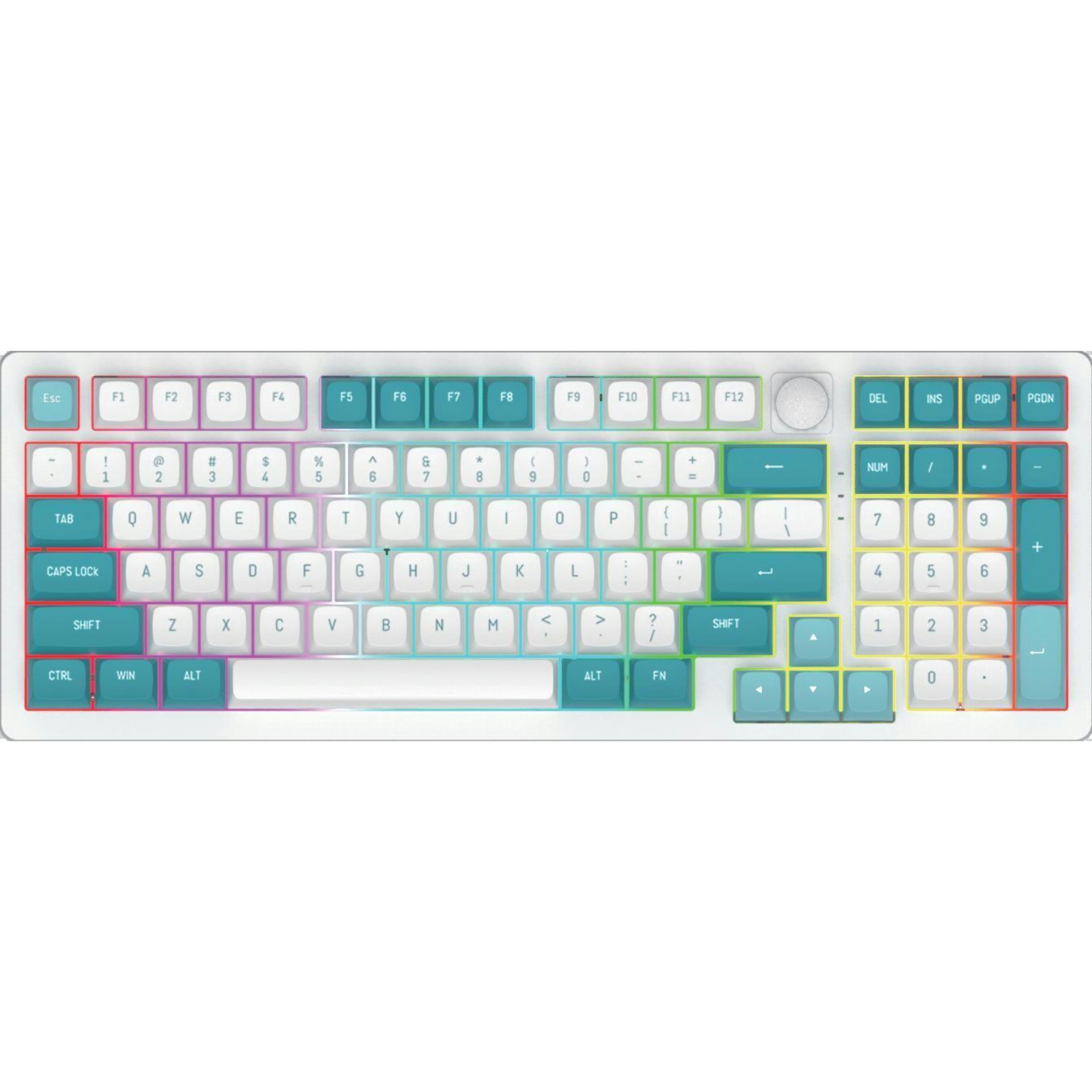 DK998 97-Key RGB Mechanical Keyboard, Hot-Swappable Gateron Switches, Beiying 916 Chip, 5000mAh Battery, Volume Knob, ABS Double-Shot Keycaps, Gasket Structure, Transparent White Panel, RGB Backlighting, Bluetooth & 2.4G Wireless, Silicone Dampening Pads,