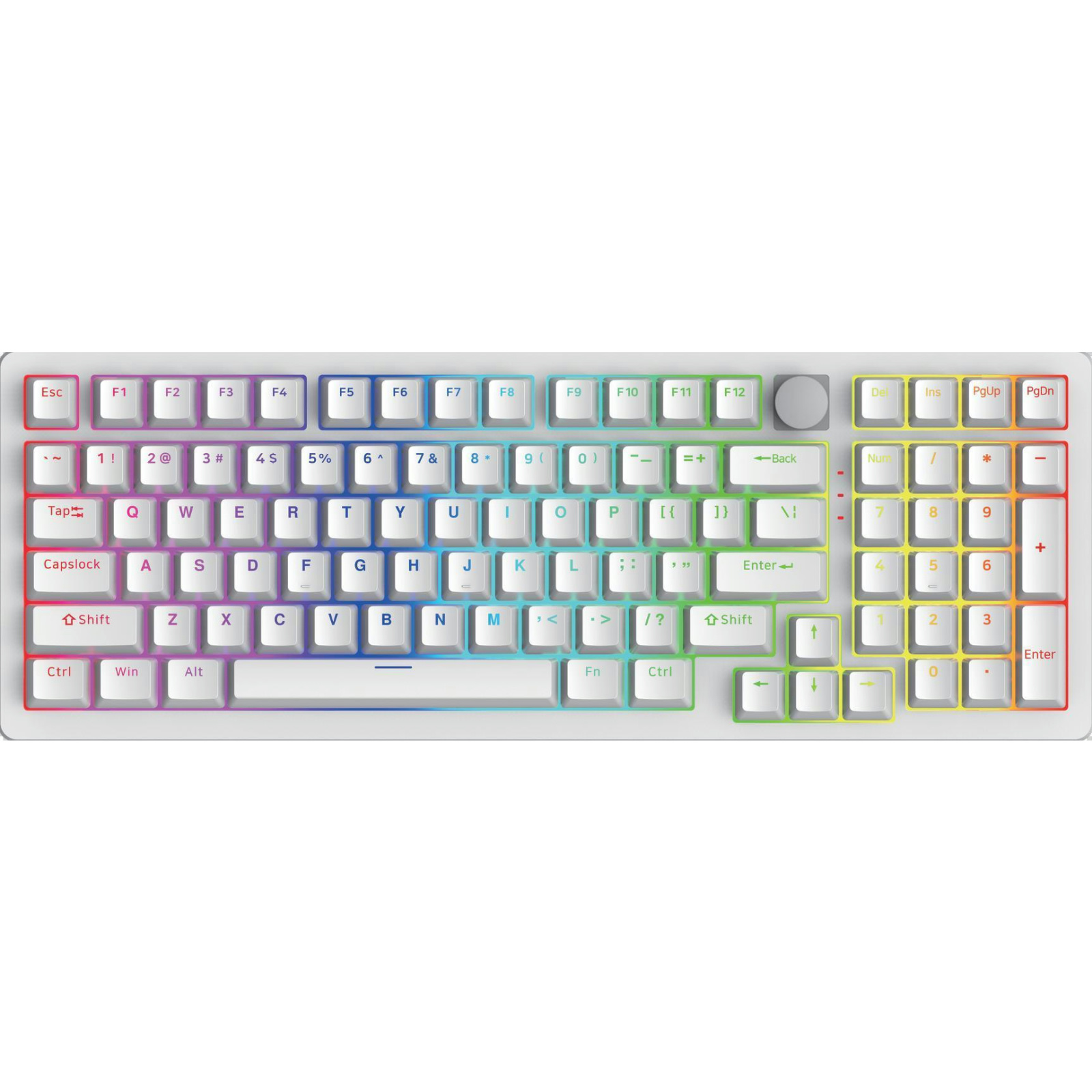 DK998 97-Key RGB Mechanical Keyboard, Hot-Swappable Gateron Switches, Beiying 916 Chip, 5000mAh Battery, Volume Knob, ABS Double-Shot Keycaps, Gasket Structure, Transparent White Panel, RGB Backlighting, Bluetooth & 2.4G Wireless, Silicone Dampening Pads,