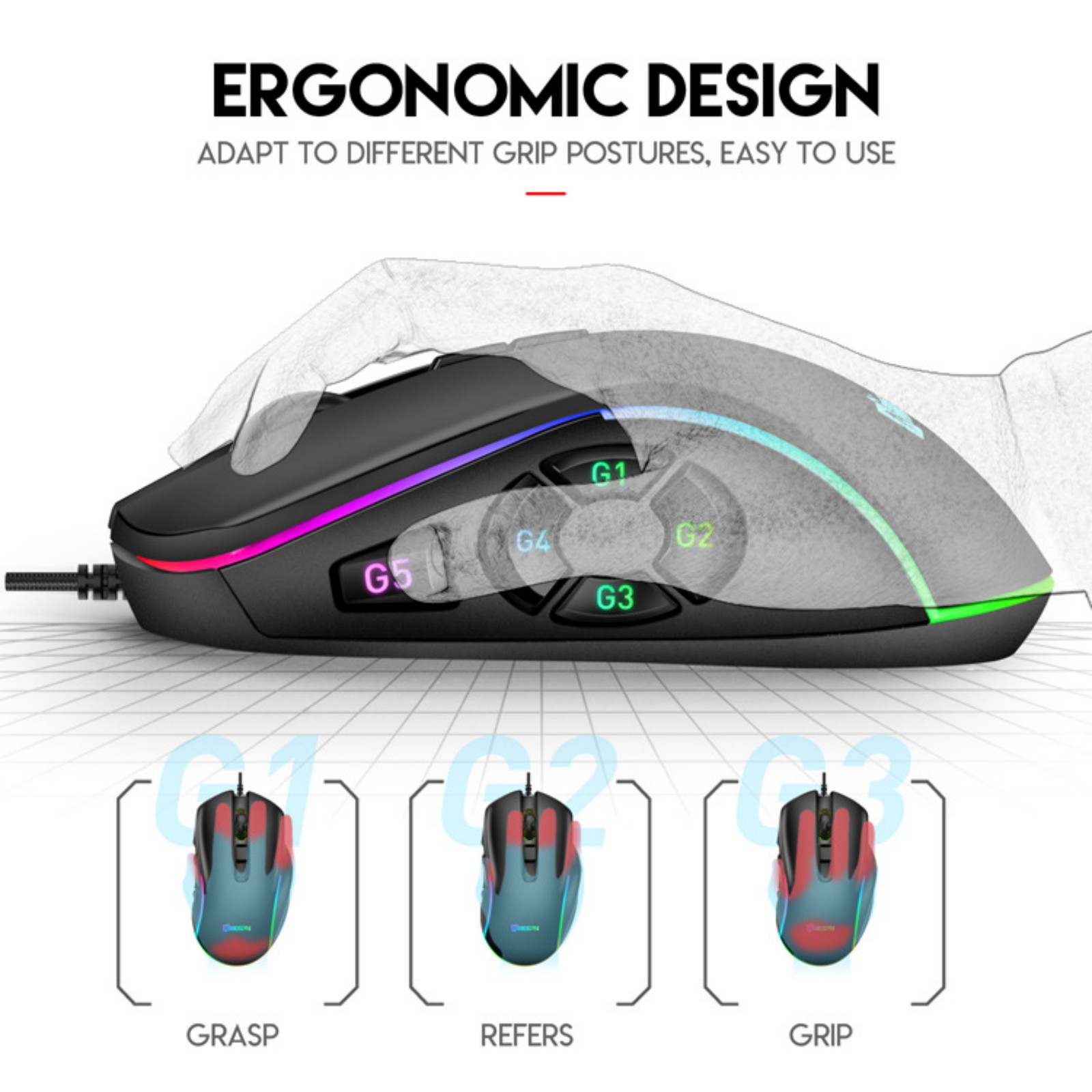 10D Wired RGB Gaming Mouse, 5 Programmable Macro Buttons, Adjustable DPI 1200/2400/3200/4800/6400/7200/12800, Sunplus6662 Chip, RGB Backlit, 1.5m Braided USB Cable, 1000Hz Polling Rate, ABS Material