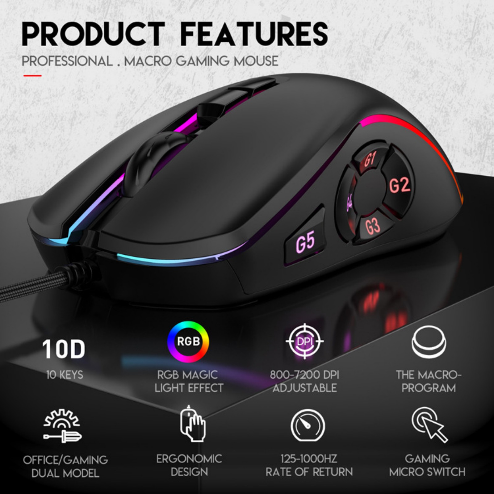 10D Wired RGB Gaming Mouse, 5 Programmable Macro Buttons, Adjustable DPI 1200/2400/3200/4800/6400/7200/12800, Sunplus6662 Chip, RGB Backlit, 1.5m Braided USB Cable, 1000Hz Polling Rate, ABS Material