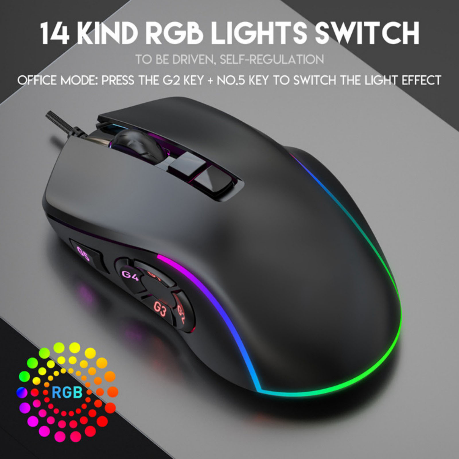 10D Wired RGB Gaming Mouse, 5 Programmable Macro Buttons, Adjustable DPI 1200/2400/3200/4800/6400/7200/12800, Sunplus6662 Chip, RGB Backlit, 1.5m Braided USB Cable, 1000Hz Polling Rate, ABS Material