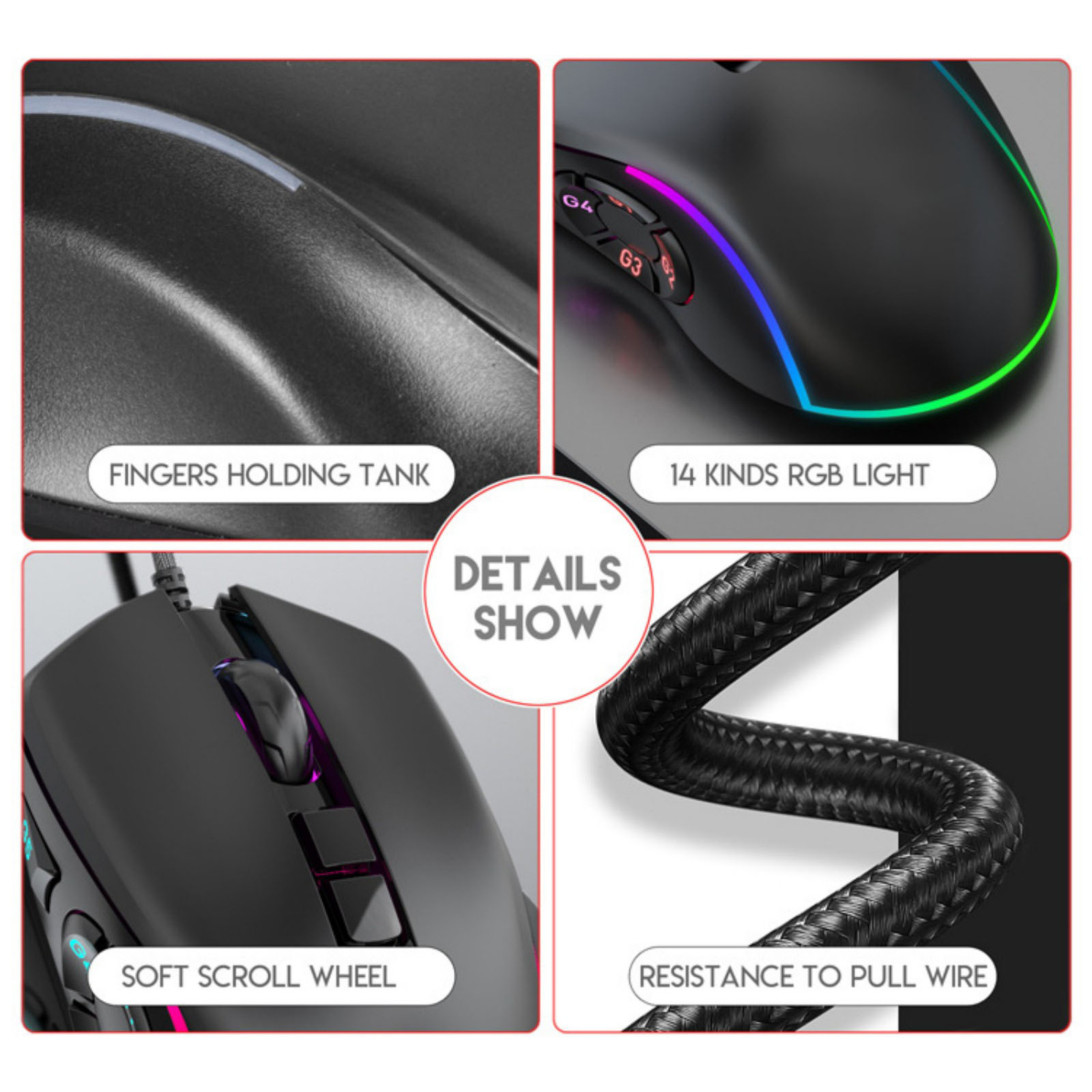 10D Wired RGB Gaming Mouse, 5 Programmable Macro Buttons, Adjustable DPI 1200/2400/3200/4800/6400/7200/12800, Sunplus6662 Chip, RGB Backlit, 1.5m Braided USB Cable, 1000Hz Polling Rate, ABS Material